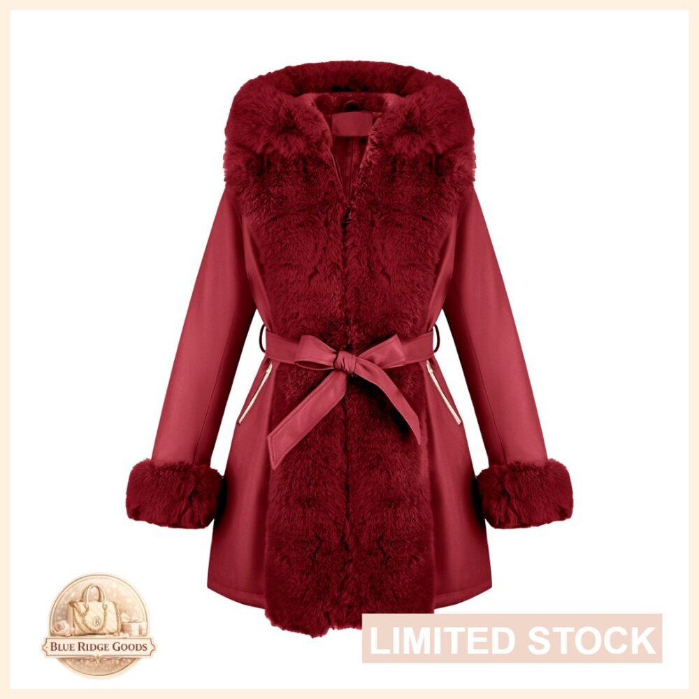 Faux Fur Lined Leather Jacket with Hood Belted Winter Coat